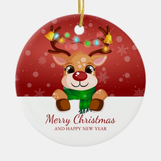 Schattig Kijkend Rendier Kerstgroet Keramisch Ornament (Voorkant)