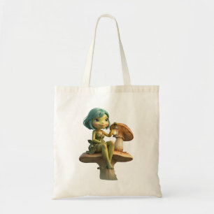 Schattig kikker meisje met lantaarn op paddestoel tote bag