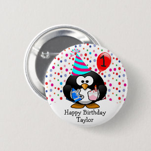 Schattig  Kind 1e Verjaardag Pinguïn Ronde Button 5,7 Cm
