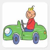 Schattig Kind Bestuurt Groene Auto Kinderen Illust Vierkante Sticker (Voorkant)
