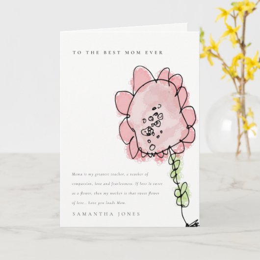 Schattig kind getekende roze bloem botanische Moed Kaart (Gele Bloem)