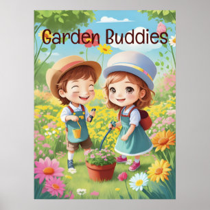 Schattig Kinder Tuinieren Plezier & Genieten AI Ge Poster