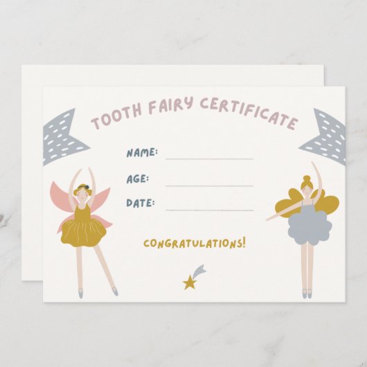 Schattig Kinderen Tand Fairy Certificaat Kaart (Voorkant / Achterkant)