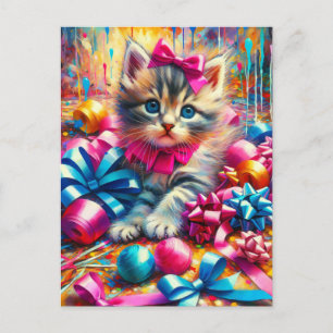 Schattig Kitten dat Speelt met Verjaardagslinten e Briefkaart