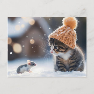 Schattig kitten en muis samen in de sneeuw briefkaart