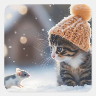 Schattig kitten en muis samen in de sneeuw vierkante sticker