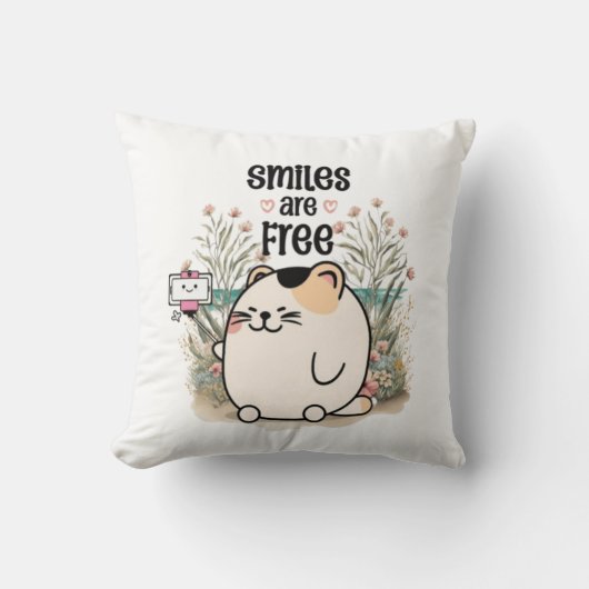 Schattig Kitten "Glimlachen Zijn Gratis" Whimsisch Kussen (Voorkant)