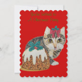 schattig kitten grijs tabby likken poot kerstfeest kaart (Voorkant)