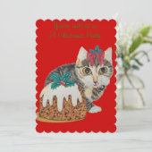 schattig kitten grijs tabby likken poot kerstfeest kaart (Staand voorkant)
