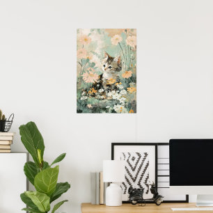 Schattig Kitten in Bloemen Cottagecore Esthetiek Poster