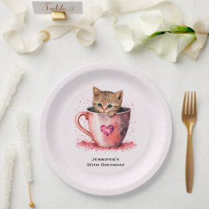 Schattig Kitten in een Theekopje met Hartjes Verja Papieren Bordje