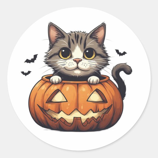 Schattig Kitten In Jack O Lantern Thema 🎃 Ronde Sticker (Voorkant)