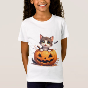 Schattig Kitten In Pompoen Herfst Halloween Scene T-shirt