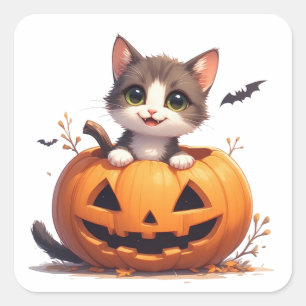 Schattig Kitten In Pompoen Herfst Halloween Scène  Vierkante Sticker