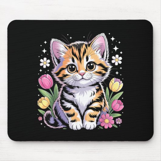 Schattig Kitten Kat Bloem Kawaii Muismat (Voorkant)