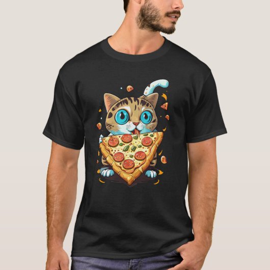 Schattig Kitten Kat Eet Pizza T-shirt (Voorkant)