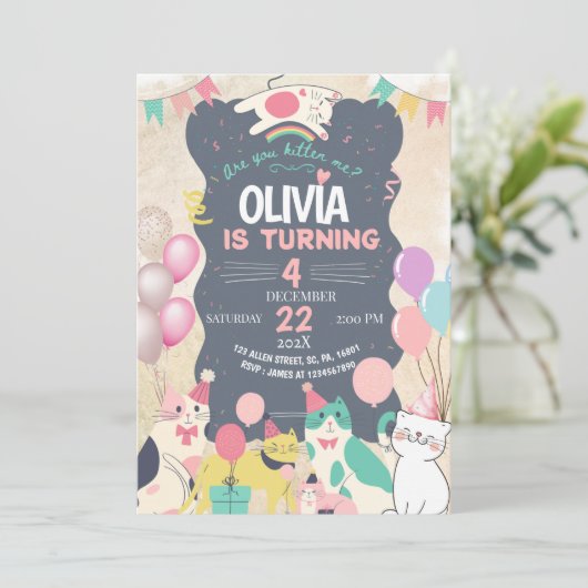 Schattig kitten / kat Laten we pawty verjaardagsfe Kaart (Staand voorkant)