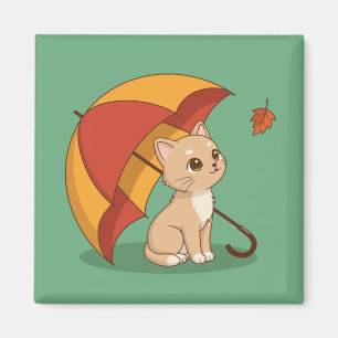 Schattig Kitten Kat Rood Geel Paraplu Herfst Groen Magneet