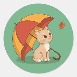 Schattig Kitten Kat Rood Geel Paraplu Herfst Groen Ronde Sticker