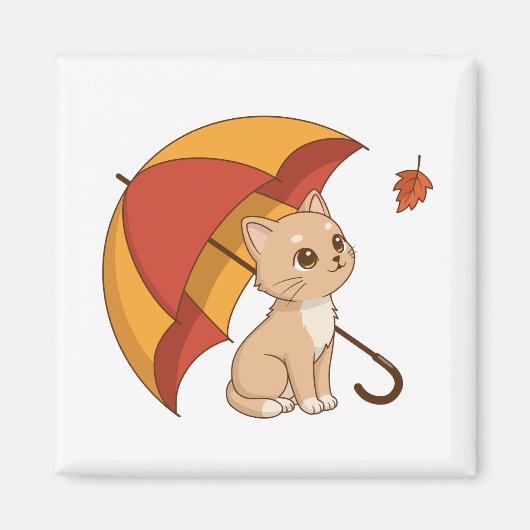 Schattig Kitten Kat Rood Geel Paraplu Herfst Magneet (Voorkant)