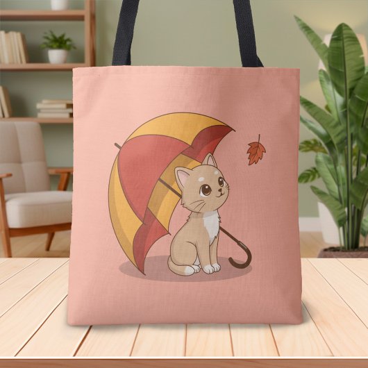 Schattig Kitten Kat Rood Geel Paraplu Herfst Roze Tote Bag