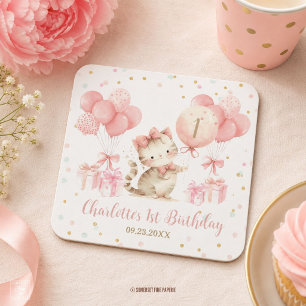 Schattig Kitten Kat Roze Ballonnen 1e 2e 3e Verjaa Kartonnen Onderzetters