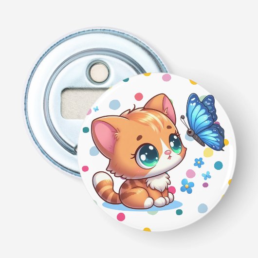 Schattig kitten/kat & vlinder  button flesopener (Voorkant)