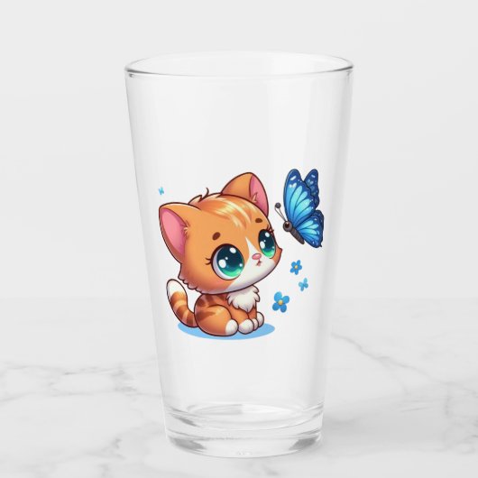Schattig kitten/kat & vlinder glas (Voorkant)