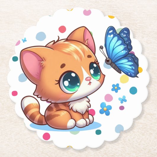 Schattig kitten/kat & vlinder kartonnen onderzetters (Voorkant)