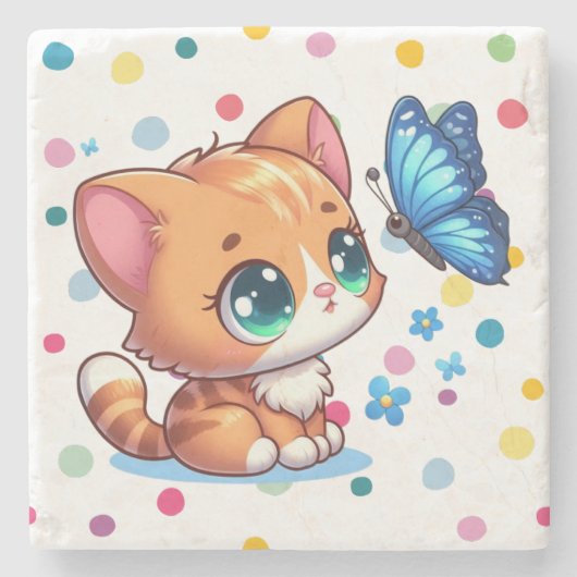 Schattig kitten/kat & vlinder stenen onderzetter (Voorkant)