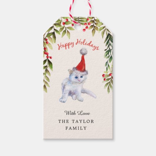 Schattig Kitten Merry Christmas Cat Lovers Rood Cadeaulabel (Voorkant)