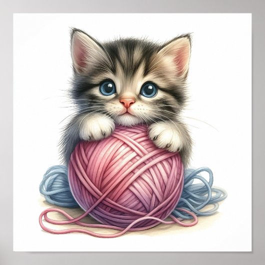 Schattig Kitten met Bal Wol Sfeervolle Kat Poster (Voorkant)