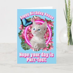 Schattig kitten met blauwe vlinder op neon tropisc kaart