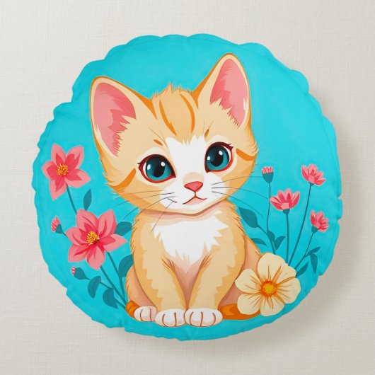 Schattig Kitten met Bloemen Rond Kussen (Voorkant)