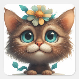 Schattig Kitten Met Bloemen💖 Vierkante Sticker