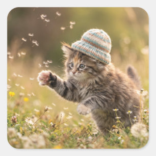 Schattig Kitten met een Hoed Speelt met Paardenblo Vierkante Sticker