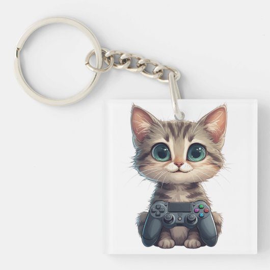 Schattig Kitten met Game Controller Gamer Kat Sleutelhanger (voorkant)
