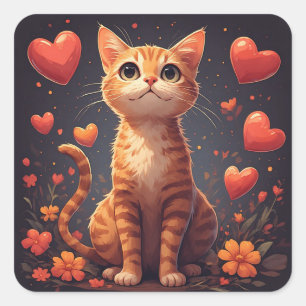 Schattig Kitten Met Hartjes En Bloemen Voor Glimla Vierkante Sticker
