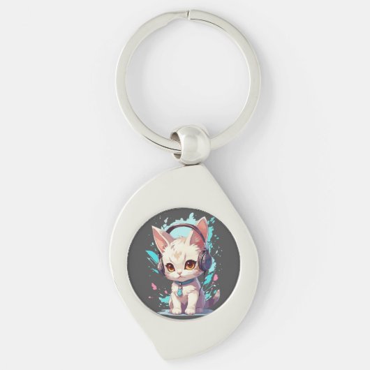 Schattig Kitten met Hoofdtelefoon Magie Sleutelhanger (Voorkant)