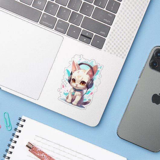 Schattig Kitten met Hoofdtelefoon Magie Sticker (Laptop met iPhone)