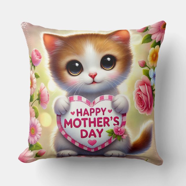 Schattig Kitten met Moederdag Hart Kussen (Voorkant)
