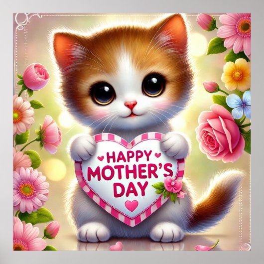Schattig Kitten met Moederdag Hart Poster (Voorkant)