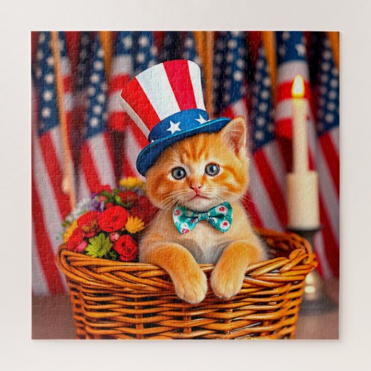 Schattig Kitten met Patriotische Hoed Legpuzzel (Verticaal)
