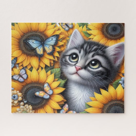 Schattig Kitten Met Zonnebloemen Legpuzzel (Horizontaal)