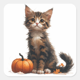Schattig Kitten Naast Pompoen Halloween 🎃 Vierkante Sticker