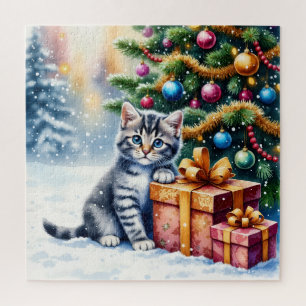 Schattig Kitten Onder Kerstboom Legpuzzel