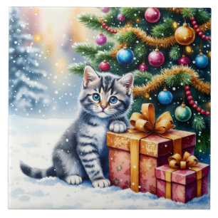 Schattig Kitten Onder Kerstboom Tegeltje
