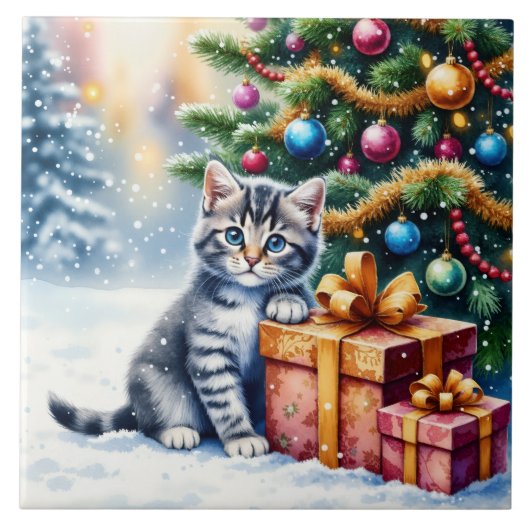 Schattig Kitten Onder Kerstboom Tegeltje (Voorkant)