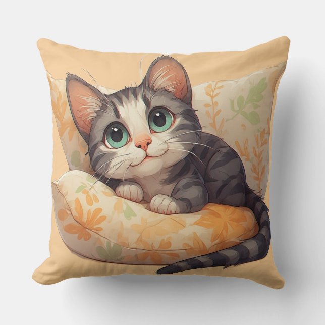 Schattig Kitten Rustend Op Kussen Voor Gezellige K (Voorkant)