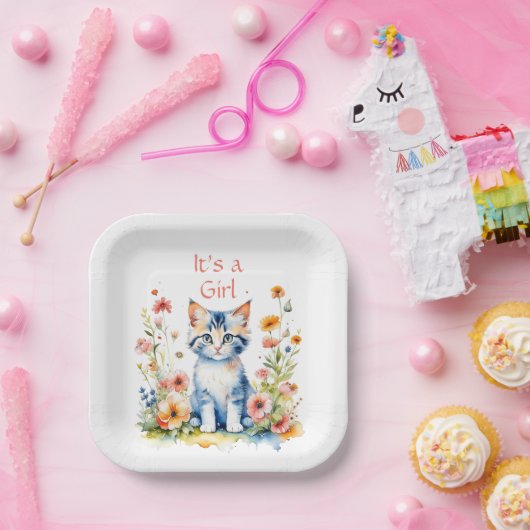 Schattig kitten thema meisje Baby shower Papieren Bordje (Feest)